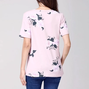 Detail of floral rose pattern and back view of the short sleeve maternity t-shirt
