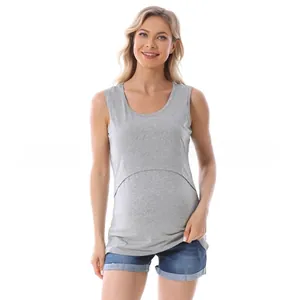 Gray sleeveless cotton nursing tank top with convenient functional front opening for breastfeeding