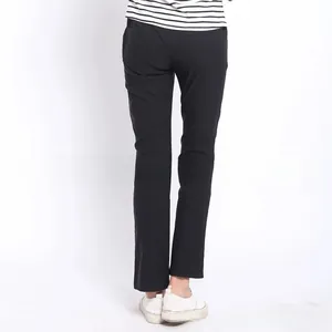 Detail view of black maternity trousers featuring functional back pockets and a slim straight cut