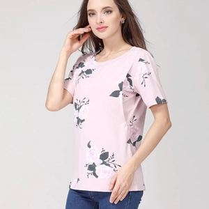 Detail of pink floral maternity nursing t-shirt showing cotton fabric and rose print