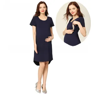 Detail of navy blue nursing dress showing functional side opening for breastfeeding