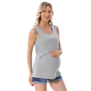 Detail of grey cotton maternity tank top featuring double-layer nursing opening design