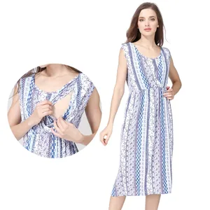 Robe d'Allattement de Maternité Imprimée Bohème Col en V Sans Manches Mélange de Coton Vêtements d'Été Décontractés Robe Midi