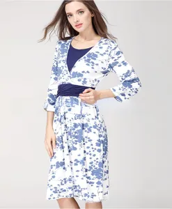Detail of V-neck floral maternity dress with blue patterns and wrap style bodice