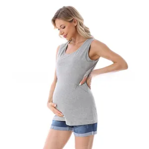 Close-up of light grey maternity nursing tank top with horizontal breastfeeding opening