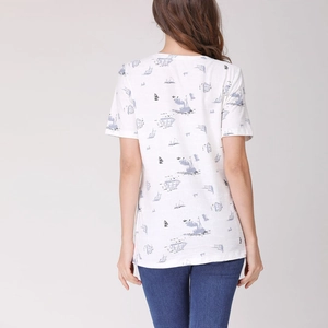 White maternity nursing t-shirt with blue nautical sailboats print, back view on model