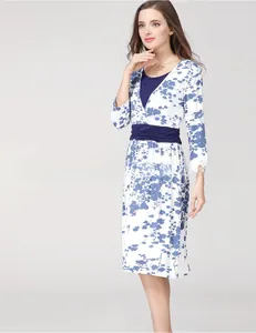 Detail of blue and white floral maternity dress with V-neckline and elastic waist