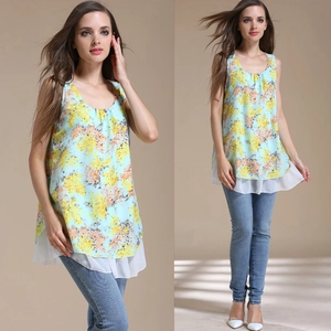 Floral chiffon sleeveless nursing top with layered white hem and light blue floral pattern