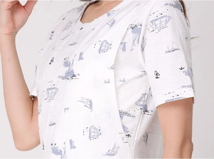 Detail of the nursing opening on white printed maternity t-shirt for easy breastfeeding