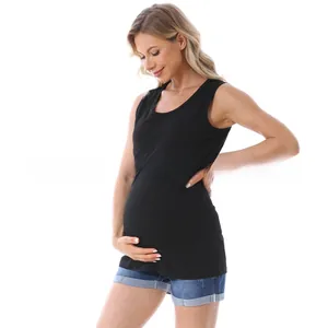 Side view of a slim fit black sleeveless cotton maternity tank top showing belly support
