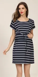 Detail of the navy blue striped maternity dress showing its adjustable drawstring waist