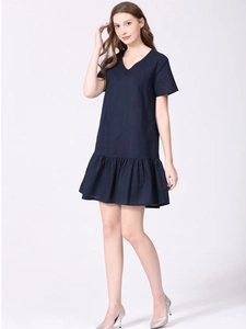 Robe de Maternité Allaitement en Coton Lin Col en V Manches Courtes Ourlet à Volants Vêtement de Grossesse Décontracté Femme