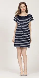 Detail view of navy blue striped dress featuring waist drawstring and round neckline