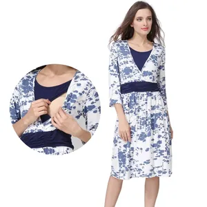 Women V Neck Floral Maternity Nursing Dress Three Quarter Sleeve Modal Spandex Breastfeeding Dress Ruched Pregnancy Midi Dress