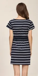 Back view of a navy striped maternity dress showing short sleeves and elastic waist