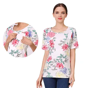 Nursing T-Shirt Maternity Top Floral Printed Short Sleeve Cotton Blouse For Pregnant Women Pregnancy Clothes Summer Wear