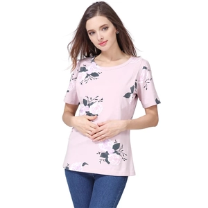 Floral print cotton maternity nursing t-shirt with short sleeves in light pink color