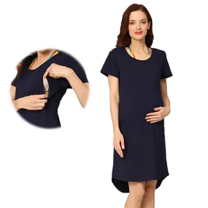 Women Maternity Nursing Dress Cotton Blend Short Sleeve Solid Color Pregnancy Postpartum Breastfeeding Dress With Invisible Zipper