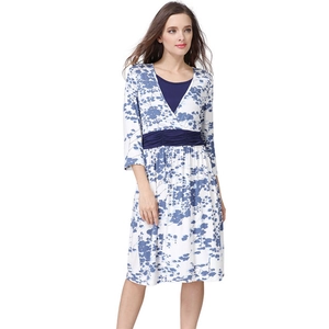 Floral V-neck maternity nursing dress with blue print, 3/4 sleeves and pleated waistline