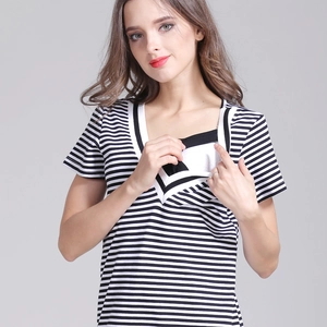 Robe de maternité en coton à rayures avec col en V et fonction d'allaitement