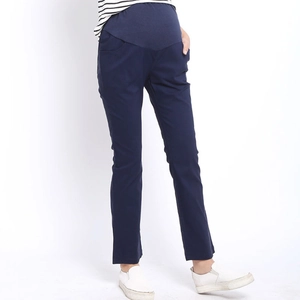 Fashionable navy blue maternity trousers with high elastic waist support for spring and autumn