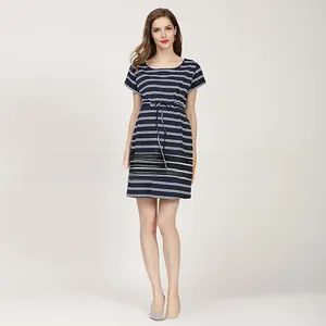 Detail of navy and white striped maternity dress with adjustable drawstring waistline