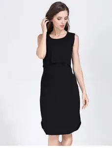 Detail of black cotton maternity dress with layered nursing access and sleeveless cut