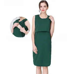 Detail showing the nursing access layers on this green sleeveless cotton maternity dress