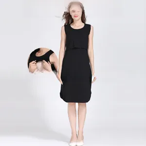 Detail view of the hidden breastfeeding opening on a black cotton maternity dress
