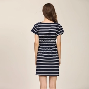 Navy and white striped maternity dress with elastic waist shown from the back view