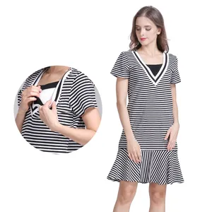 Robe d'Allaitement Maternité Col en V Coton Rayé Manches Courtes Ourlet à Volants Vêtements de Grossesse Décontractés Femme