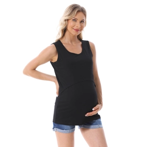 Sleeveless black cotton maternity tank top with nursing access and elastic knit fabric
