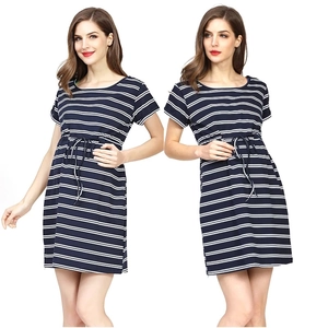 Striped maternity dress with short sleeves and drawstring waist in navy and white