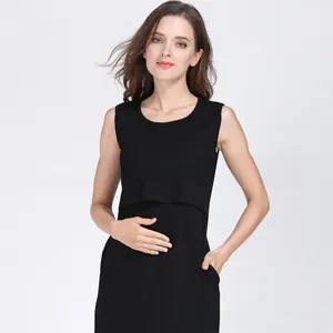 Detail of a black sleeveless nursing dress with side pockets for maternity wear