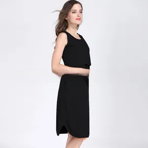 Detail of a black sleeveless maternity dress featuring a side slit and round neckline