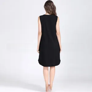 Rear view of black sleeveless maternity nursing dress in straight cotton silhouette