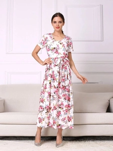 Robe de Maternité Imprimé Floral pour Femmes Col en V Manches Courtes Coton Robe Longue Allaitement Avec Ceinture à Nouer