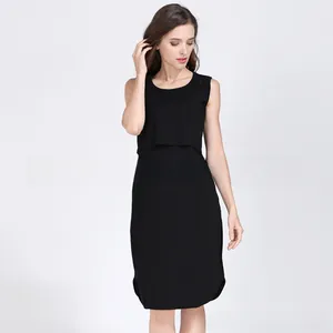 Detail of black maternity nursing dress showing the functional layered breastfeeding design