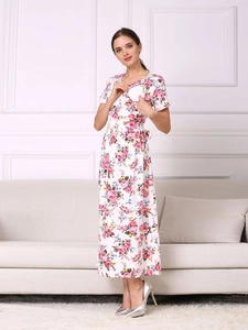 Robe longue de maternité fleurie en coton avec ouverture allaitement et ceinture