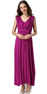 Detail of dark red V-neck sleeveless maternity maxi dress with pleated empire waist