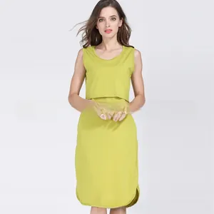Detail of lime green maternity dress featuring a double-layer nursing access design