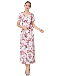 Robe longue de maternité fleurie en coton avec col en V et manches courtes