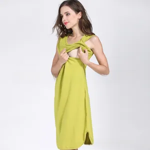 Detail of lift-up breastfeeding nursing opening on a green sleeveless cotton dress