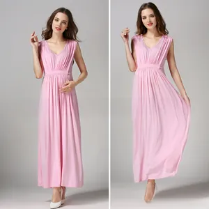 Detailed view of pink V-neck sleeveless maternity maxi dress with pleated waist design