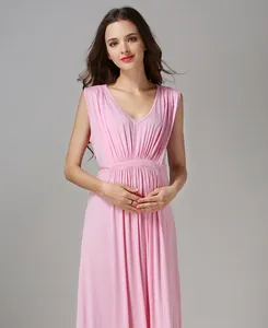 Detailed close-up of pink V-neck sleeveless nursing dress with soft modal fabric pleats
