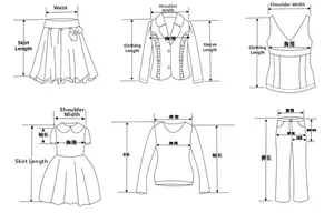 Size guide diagrams for children clothing showing detailed measurement points of outfits