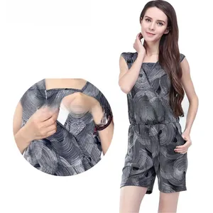 Detail view of hidden zipper and floral print on maternity sleeveless v-neck romper