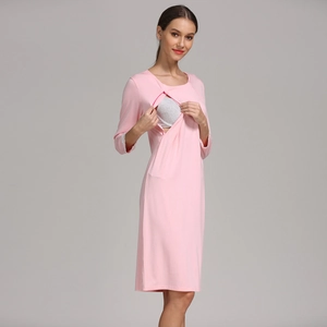 Pink modal maternity breastfeeding dress with zipper openings and 3/4 lace trim sleeves