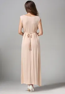 Back view of a soft modal maternity maxi dress featuring adjustable waist ties and long hem