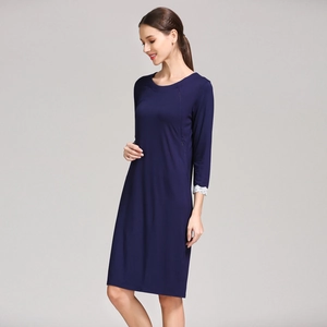 Soft navy modal maternity dress with three-quarter sleeves and white lace cuffs